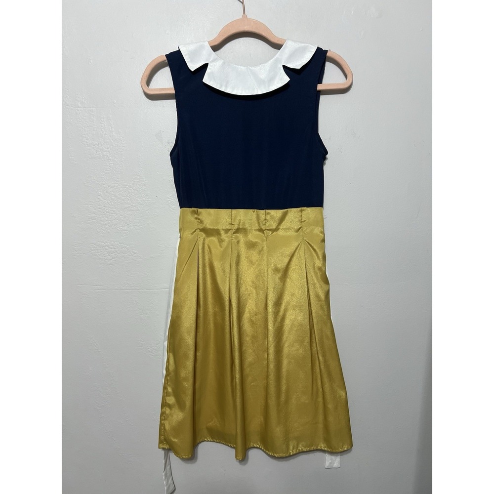 Freeway Women Navy Blue Gold Colorblock Peter Pan Collar Fit‎ & Flare Dress S